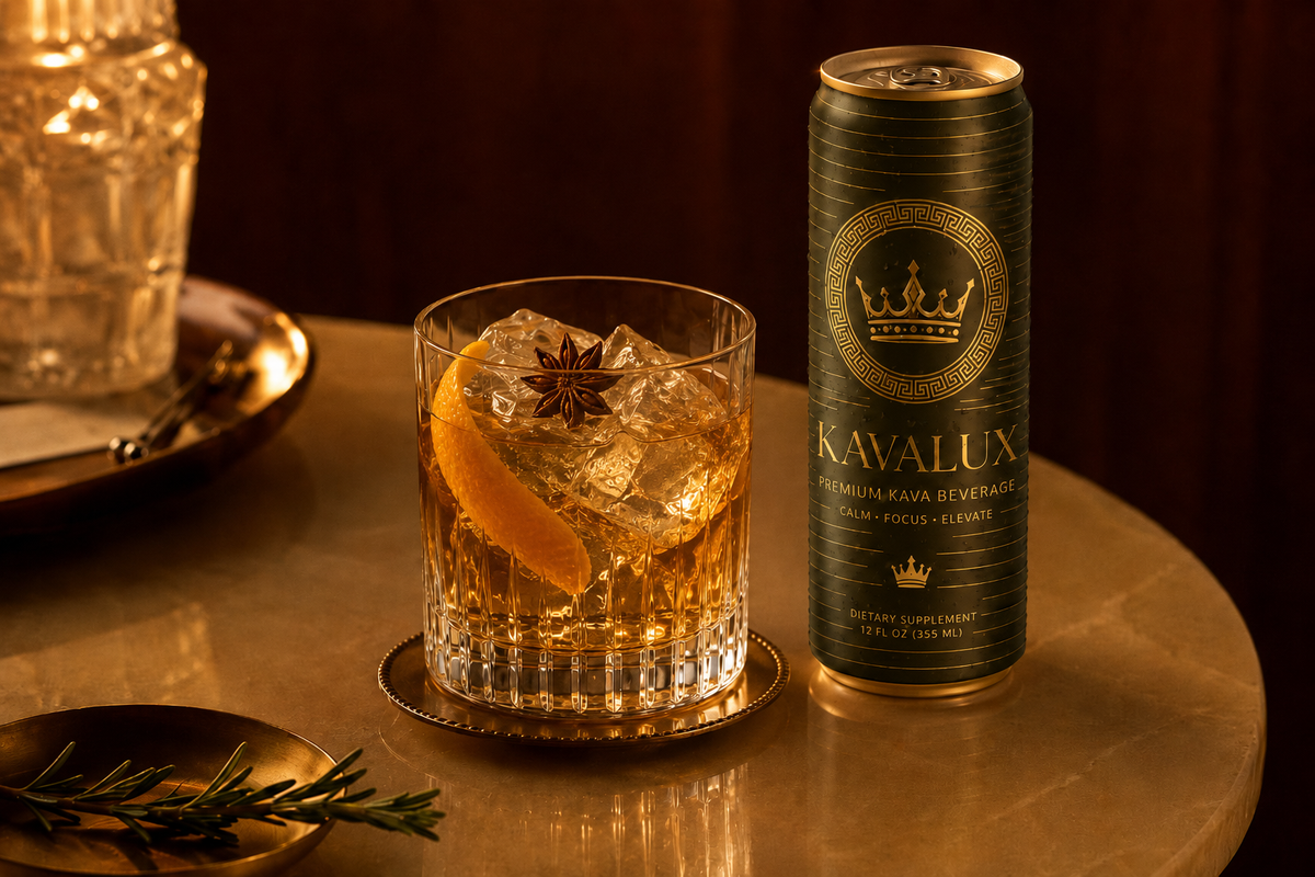 Green KAVALUX can next to a glass with ice and an orange slice