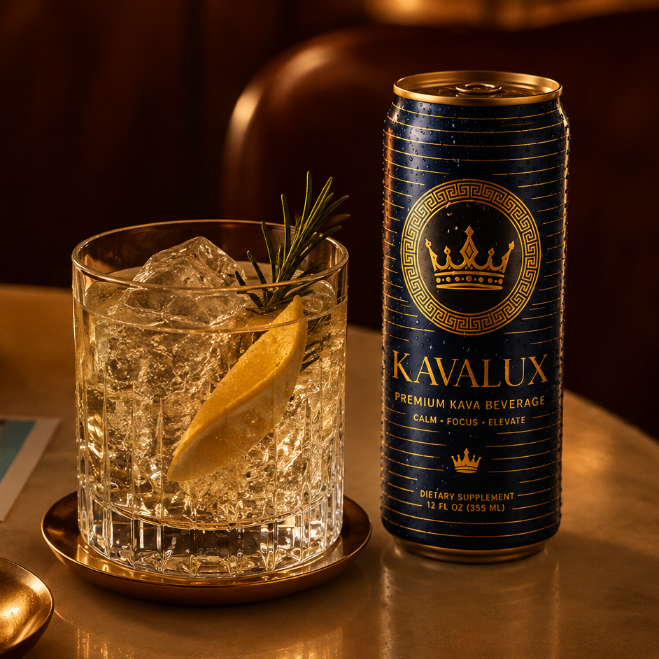 Blue KAVALUX can next to a glass with ice, lemon and rosemary