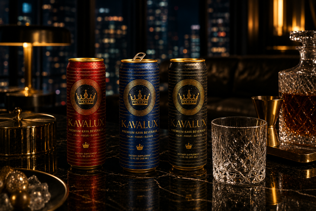 Red, blue and green KAVALUX cans and a glass on a table at night