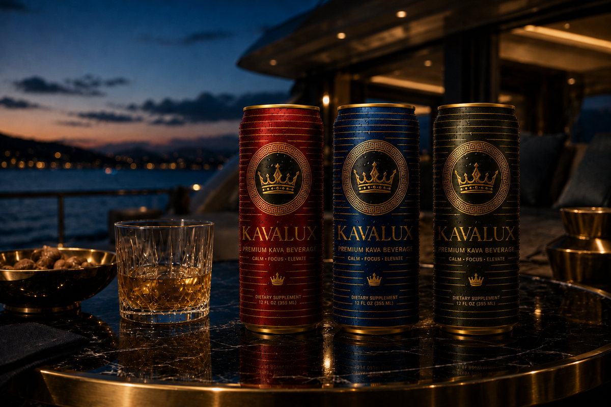 Red, blue and green KAVALUX cans and a glass on a table at dusk