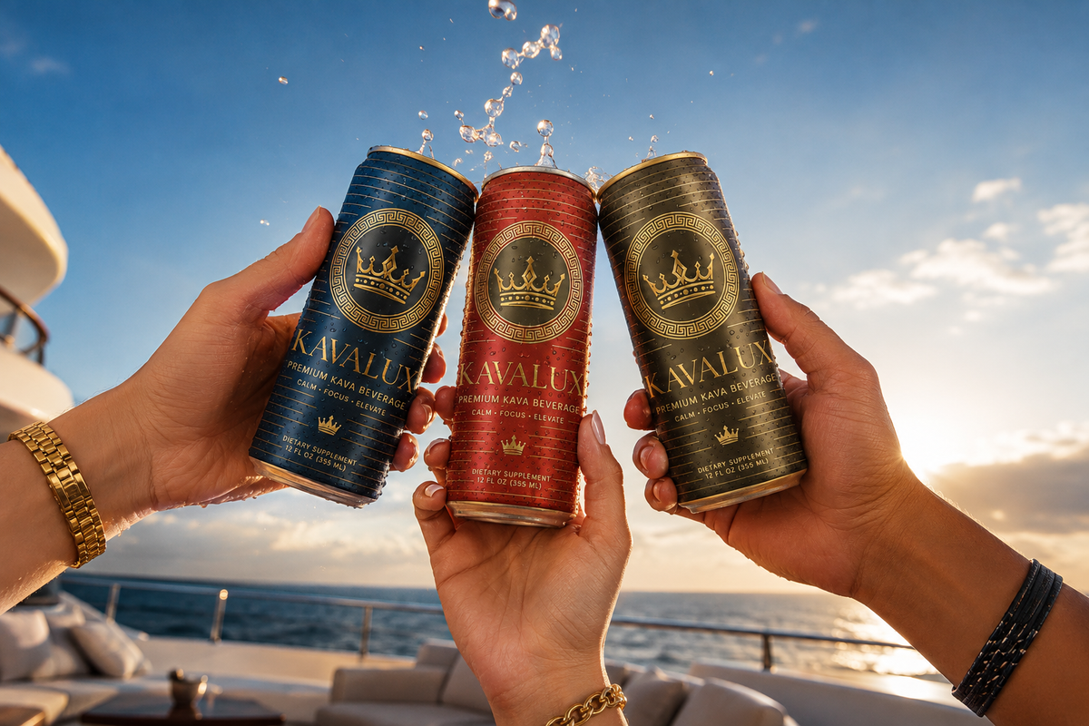 Hands toasting with blue, red and green KAVALUX cans on a boat